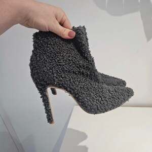 PrettyLittleThing Grey Teddy Borg Ankle Boots, Pointed Toe Stiletto, Size 8